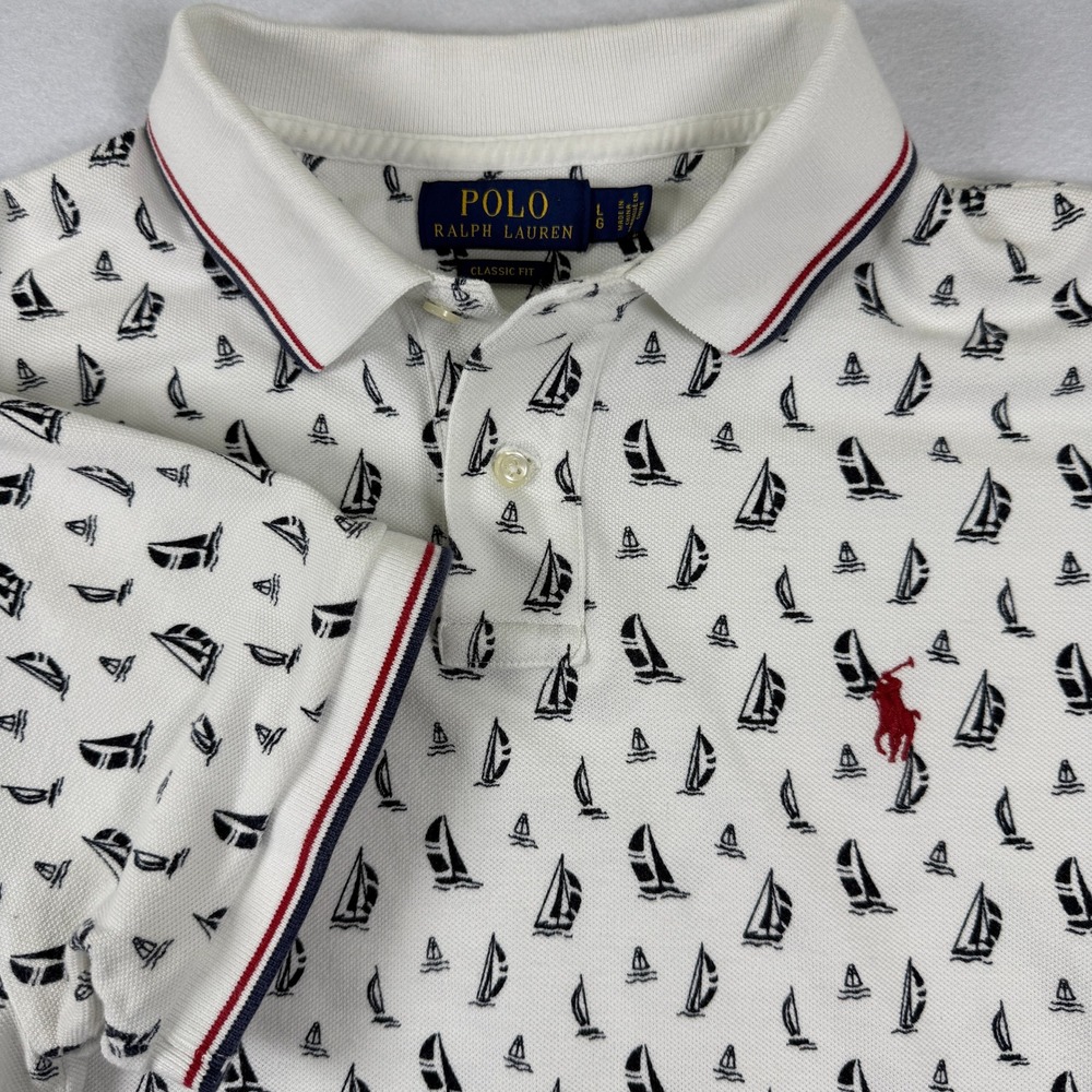 Polo Ralph Lauren Sailboat Print Polo Shirt White Large Classic Fit Nautical L